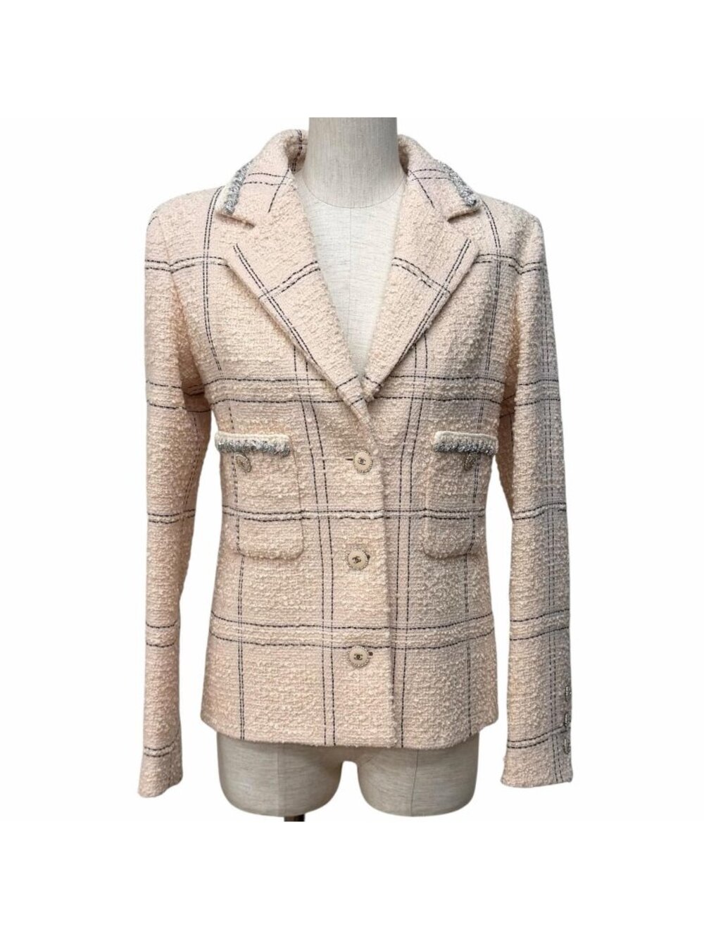 Chanel Wool Blend Plaid Tweed Jacket with Buttons Pink Black 36
